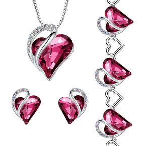 Leafael Infinity Love Heart Necklace, Stud Earrings, and Bracelet for Women, October Birthstone Crystal Jewelry, Silver Tone Gifts for Women, Tourmaline Pink