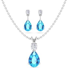 Silver Smile Sterling Silver Jewelry Set For Women With Pear Shaped 7x5mm Gemstone Necklace, 3mm Natural White Topaz, and Matching Pear Shaped Earrings For Her
