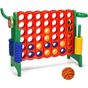 Giant 4 in a Row Connect Game, Jumbo 4 to Score Game Set w/ 42 Chess Rings, Basketball & Hoop, Toss Rings & Quick-Release Lever, Indoor & Outdoor Family Party Game for Kids & Adults