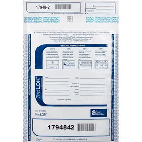 ControlTek TripLok مقاس 9 × 12 بوصة، أبيض مع جيب، 100 كيس، أكياس إيداع واضحة للتعامل مع النقود والأشياء الثمينة، حبر حساس للرطوبة والحرارة والبارد، إيصال تمزيق + رموز شريطية كبيرة 585036