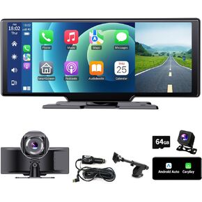 شاشة CarPlay محمولة للسيارة، شاشة لمس عالية الدقة 10.26 بوصة تعمل بنظام Android Auto Car Play مع كاميرا داش 2.5K MirrorLink/DVR/كاميرا احتياطية in Kuwait