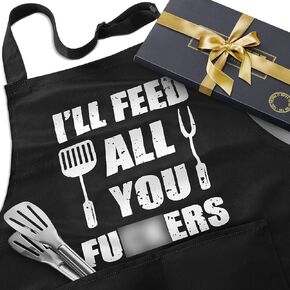 Funny BBQ Apron Gifts for Men, Hilarious Grill Chef Apron with Pockets, Adjustable Cooking Apron - Birthday & Fathers Day Gifts for Dad Husband Brother Boyfriend Grandpa
