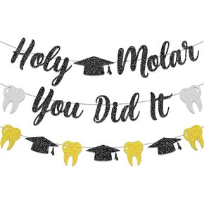 Dental Hygiene Graduation Decorations, NO-DIY Holy Molar You Did It Banner Dental Decorations Garland, Black Sliver Gold Glitter Tooth Party Decorations Dental Hygiene School Supplies for Party