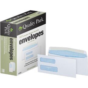 Quality Park® #8-5/8 Double Window Envelopes, Security Tint Envelopes, 3-5/8 x 8-5/8, Gummed, 24 lb White Paper, Side Seams, 500 per Box (QUA24532)
