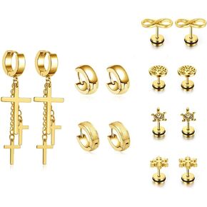 8 Paris Earring Studs Set Mixed Styles Punk Cool Skull Claw Stud Earrings Sets Fake Illusion Ear Gauge Hinged Dangle Cross Spike Hinged Hoop Earrings Tunnel Plugs
