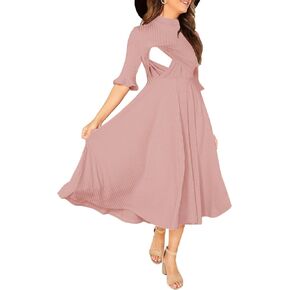 فستان نسائي أنيق للرضاعة منسوج ومضلع بأكمام جرس ومناسب ومشرق in Kuwait