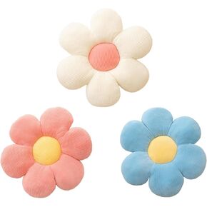 3Pcs Flower Pillow - Flower Shaped Throw Pillow Seating Cushion, Cute Daisy Flower Pillow Floor Pillows for Adults Kids Home Bedroom Sofa Chair Couch Decor (White/Yellow/Purple, 15.74 in+19.68 in)
