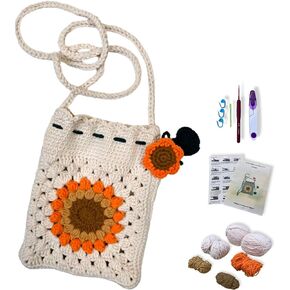 VNRGG Beginners Crochet Kit Handmade Sunflower Blossom Phone Bag Knitted Bag for Women Gifts for Girlfriends in Summer (Beige)