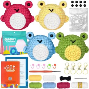 Yuxung 4 Pcs Crochet Kit for Beginners DIY Crochet Animal Kit Beginner Crochet Starter Kit for Adult Kid Knitting Kit with Step by Step Video Tutorials Yarns Hook Accessories Birthday Gift(Frog)