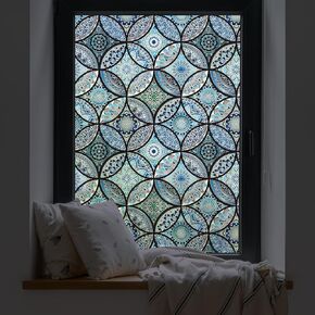 DKTIE Boho Style Stained Glass Window Film with Installation Tools, Waterproof Window Privacy Film for Bathroom Bedroom Kitchen, CTBLT384, 17.7" x 78.7"