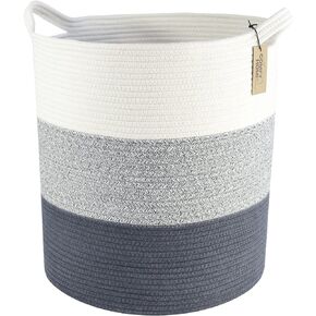 COMFY-HOMI XXL Blanket Basket 18"x16"|Cotton Rope Laundry Basket|Woven Basket for Storage|Gift Basket Empty for Newborn or Infant Gift for Boy Girl, Toy basket for blanket-White/Grey/Dark Grey