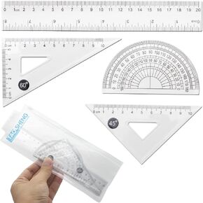 TAOSHENG 4Pcs Plastic Math Geometry Kit, Transparent Measuring Tool Set for School Student Teacher Architects Engineers, Includes Protractor Straight Ruler Triangle Ruler, Clear 4 Pack