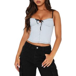 Women Y2k Spaghetti Strap Camisole Crop Top Deep V Neeck Slim Fitted Vest Going Out Shirt Tank Tops Streetwear