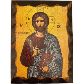 Handmade Greek Christian Orthodox Wood icon of Jesus Christ Fotodotis (16 X 12 cm or 6.3 X 4.7 in) Solid Wood