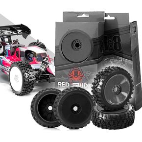 4PCS 1/8 RC Buggy Off-Road Tires Arrowhead Tread Pattern 17mm Hex Hub Wheel Rims & Rubber Tires Set 118mm OD Fit for 1/8 Off Road Car Buggy Arrma Python HSP Redcat Kyosho
