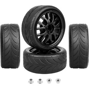 HobbyPark Glued 1/10 On-Road RC Touring Tires and Wheels Set for 1/18 Traxxas Latrax Teton 4 Tec 2.0 3.0 Tamiya TT02 TT01 Brushless (4-Pack) (Color A)
