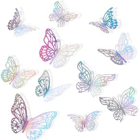 72 PCS Laser Pink Butterfly Decorations, 3D Butterfly Decorations with 3 Styles 3 Sizes, Removable Butterfly Wall Decor Stickers (Laser Pink)