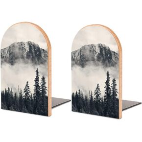 Forest Tree Foggy Mountain Pattern Wood Bookends Decorative Bookend Non-Skid Office Book Stand for Books Office Files Magazine, One Size