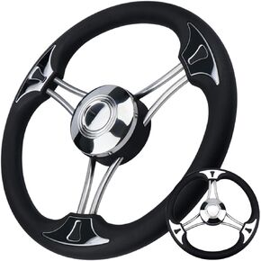 Stainless Steel 3 Spoke Boat 13.5 Inch Marine Destroyer Steering Wheel with Black PU Foam