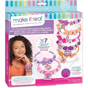 Make It Real: DIY Fashion Beaded Bangle Bracelets - Create 7 Bracelets, 71pcs All-in-1 Jewelry Kit, Purple-Pink-Orange, Crafts, Girls & Kids Ages 8+