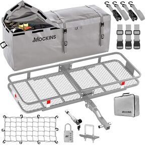 Mockins 60x20x6 Folding Cargo Carrier Hitch Mount | 500 lb Cap Hitch Rack +16 CuFt Soft Shell Waterproof Cargo Carrier Bag | Steel Trailer Hitch Cargo Carrier | Hitch Mount Cargo Carrier Cargo Trailer