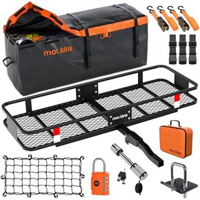 Mockins 60x20x6 Folding Cargo Carrier Hitch Mount | 500 lb Cap Hitch Rack +16 CuFt Soft Shell Waterproof Cargo Carrier Bag | Steel Trailer Hitch Cargo Carrier | Hitch Mount Cargo Carrier Cargo Trailer