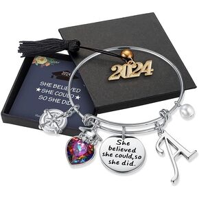 Turandoss Graduation Gifts for Her 2025 - Inspirational Compass Bangle Bracelet She Believed She Could So She Did Silver Initial Bracelets Class of 2025 High School College Graduation Gifts for Her