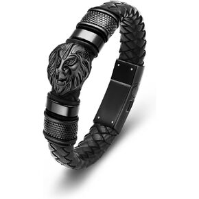 constantlife Lion Head Cremation Bracelet for Ashes Stainless Steel Urn Memorial Jewelry Braided Leather Wristband Cuff Bangle Keepsake Gift for Men Women