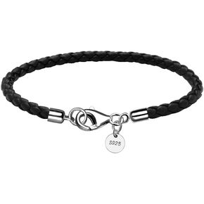 Leather Bracelet for Men Women 4MM Braided 925 silver Clasp 20/21cm with Jewelry Gift Box Handcrafted
