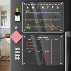 Acrylic Magnetic Calendar for Fridge, 2 Pack 12"x17" Monthly Calendar and Weekly Calendar for Fridge, Dry Erase Planning Board Set Includes 6 Colorful Markers, Magnetic Pen Holder and Erase Towel