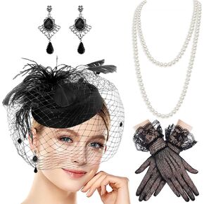 Black Vintage Feather Fascinators Hats Pillbox Hat Set 20s 50s Top Hat Lace Gloves Pearl Jewelry Set for Women Cocktail Tea Party Wedding