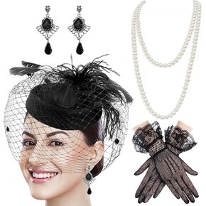 4 Pack Black Fascinators Hats Pillbox Hat Cocktail Tea Party Headwear with Feather Veil and Mesh Lace Gloves Set Pearl Necklace Earring for Women Bridal Wedding Halloween 20s 50s Headwear