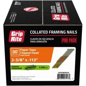 Grip-Rite GRSP8DRHG Clipped Head 2-3/8-inch by .113-inch by 30 Degree Paper Collated Ring Shank Hot-Dip Galvanized Framing Nail, 2,500 per Box