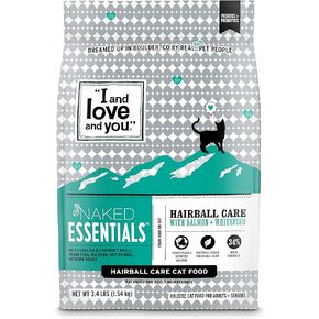 I AND LOVE AND YOU" Naked Essentials Dry Cat Food, Hairball Care Salmon and Whitefish Recipe, Grain Free, Real Meat, No Fillers, 3.4 lb Bag
