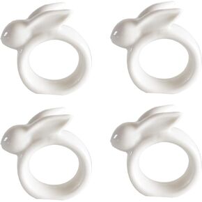 Easter Rabbit Porcelain Napkin Rings, Set of 6 Vintage White Bunny Ceramic Napkin Rings for Easter Dinner Weddings Parties, Handmade