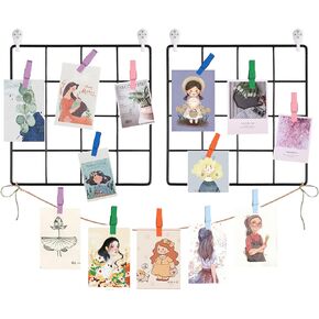 QXUJI Photo Grid Wall, Wall Hanging Photo Display, Metal Mesh Wall Decor, Picture Panel for Boho Wall Decoration, Photo Holders with 20 Wood Clips, for Rustic Country, Home, Dorm Decor