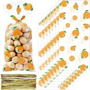 Pajean Baby Shower Bags, Citrus Theme, 100 Cellophane Bags with 100 Gold Twist Ties, Ideal for Little Cutie Baby Shower, Tangerine Summer Birthday Party