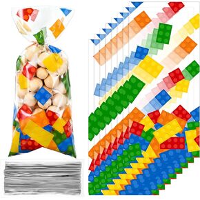100 Pcs Building Block Cellophane Treat Bags, Birthday Party Supplies Candy Goodie Bags Party Favor Bags with 100 Silver Twist Ties for Summer Birthday Themed Party Pack Supplies(Black Background)