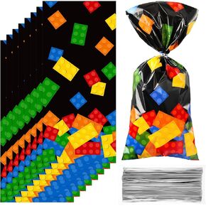 100 Pcs Building Block Cellophane Treat Bags, Birthday Party Supplies Candy Goodie Bags Party Favor Bags with 100 Silver Twist Ties for Summer Birthday Themed Party Pack Supplies(Black Background) in Kuwait