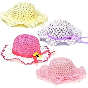 Gift Boutique 4 Girl Tea Party Hats Girls Straw Hat for Kids Costume Easter Princess Toddler Children's Birthday Supplies in Light Pink Hot Pink Yellow and Purple Colors