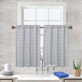 Short Curtains Gingham Linen Kitchen Curtains 30 Inch Length for Small Half Window Rod Pocket Window Treatments for Bathroom Laundry Room 2 Panels, Beige