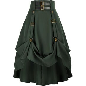Gothic Skirt for Women Steampunk Pirate A-Line Skirts with Pockets Green S