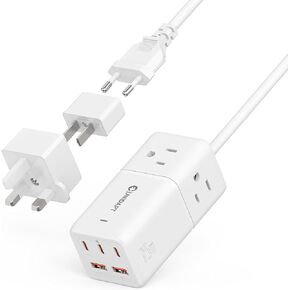 Travel Power Strip, Unidapt 5ft Extension Cord US to Europe, UK, Plug Adapter GAN 75W with 3 USB C PD and 2 QC USB Ports, 3 AC Outlets, Compact for International Travel, Home, Cruise, Office