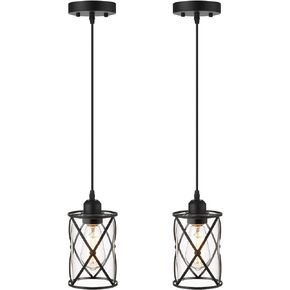Osimir Industrial Pendant Light, 2 Pack Mini Glass Pendant Light for Kitchen, Cage Pendant Lighting in Black Finish with Clear Glass, Adjustable Length, CH9176-1-2PK