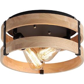 Modern Farmhouse ?Antique White Distressed Flush Mount Light Fixture 2-Light Wood Drum Semi Flush Mount Ceiling Light for Hallway Bedroom Kitchen Entryway Farmhouse