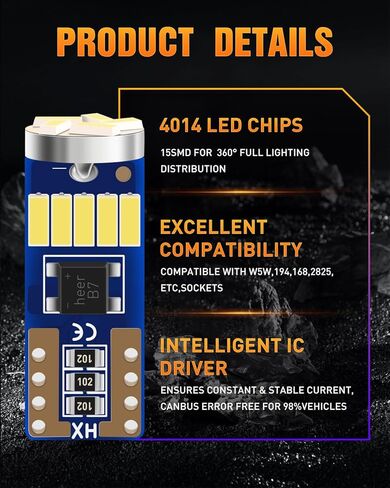 LUYED 10 × 500 لومن ساطع للغاية 9-30 فولت 4014 15-EX شرائح Canbus W5W 194 168 2825 مصابيح LED، أبيض زينون (لمبة 194 LED ساطعة) in Kuwait