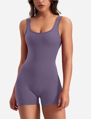 YEOREO One Piece Jumpsuits for Women Sleeveless Backless Workout Jumpsuits Bodycon Scrunch Butt V Back Gym Rompers Purple S in Saudi Arabia
