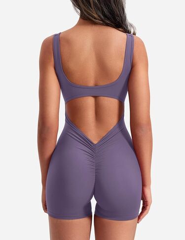 YEOREO One Piece Jumpsuits for Women Sleeveless Backless Workout Jumpsuits Bodycon Scrunch Butt V Back Gym Rompers Purple S in Saudi Arabia