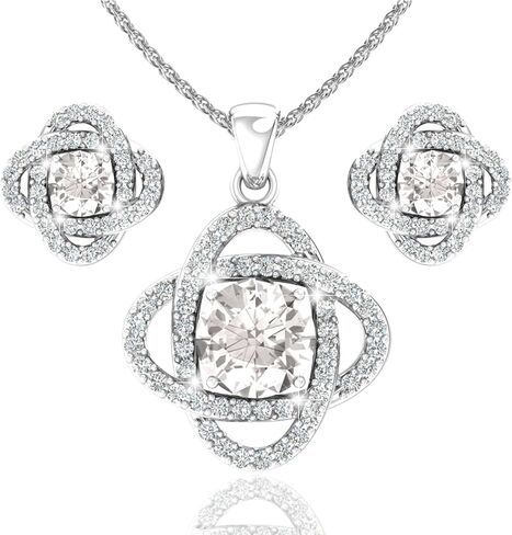 Belinda Jewelz Women 925 Sterling Silver Cute Love Knot Sparkling Gemstone Push Back Stud Earrings Hanging Pendant Necklace Beautiful Fine Jewelry Accessory Set, 1.65 Carat in Saudi Arabia