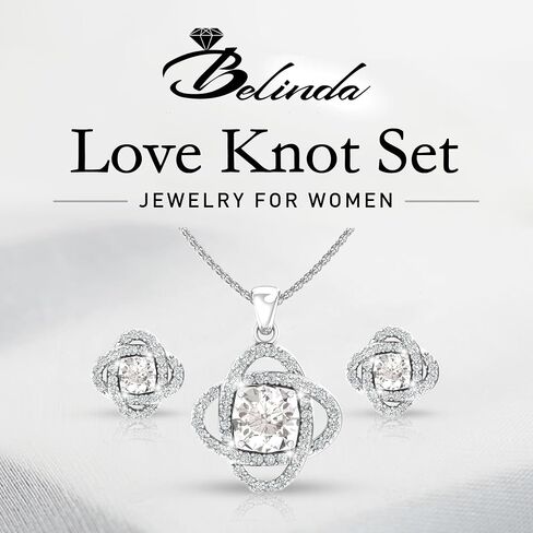 Belinda Jewelz Women 925 Sterling Silver Cute Love Knot Sparkling Gemstone Push Back Stud Earrings Hanging Pendant Necklace Beautiful Fine Jewelry Accessory Set, 1.65 Carat in Saudi Arabia